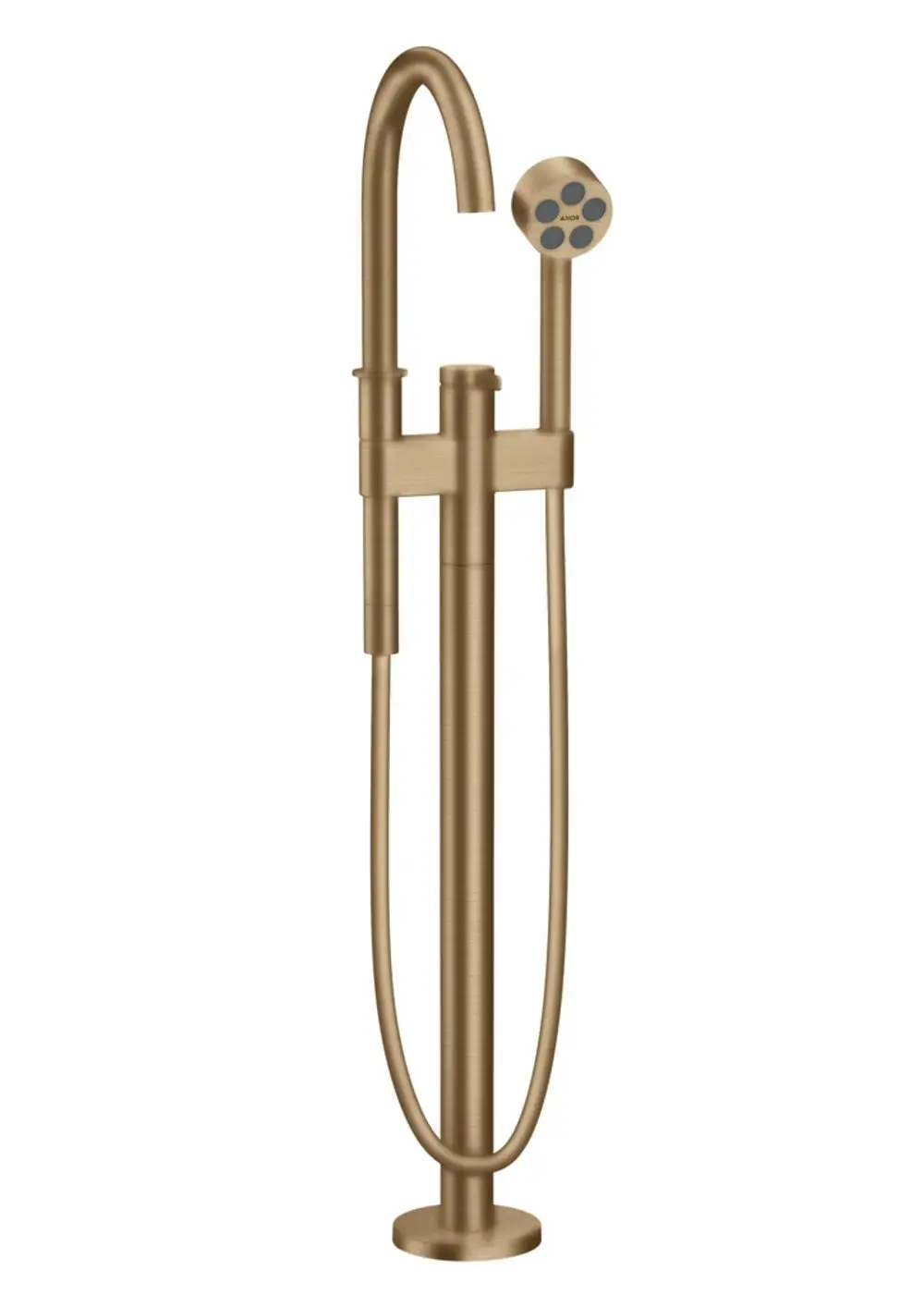 Freistehender Wannenmischer in gebürstetem Bronze mit AXOR-Armatur. Das Design zeigt einen hohen Auslauf und einen Handbrausekopf an einem flexiblen Schlauch.